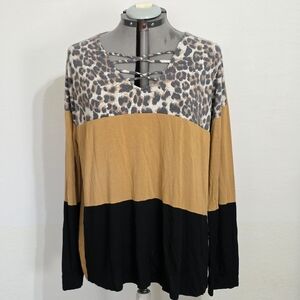 HEIMISH USA Leopard and Mustard Color Block Long Sleeve Top